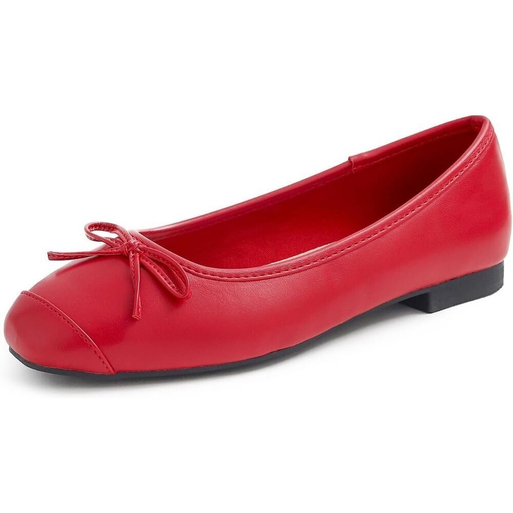 Feversole Women's Red Plain Toe Cap Synthetic Square Toe Slip On Ballet Flats